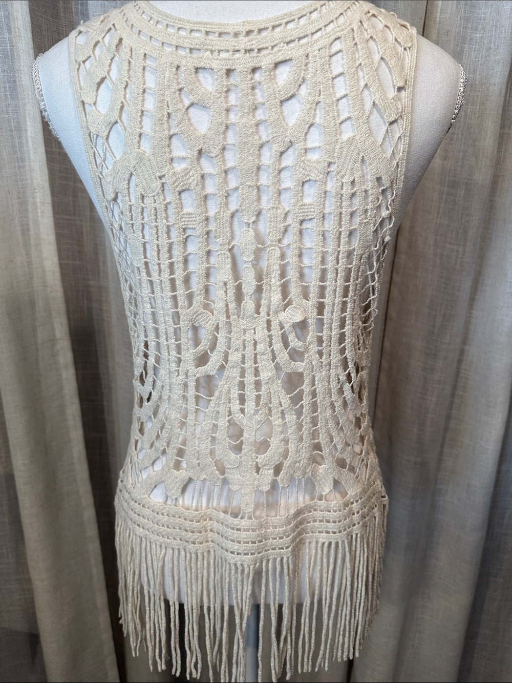 Boho Festival Crochet Vest Cream Fringe Tie Front Love Tree Medium-NWOT - Picture 5 of 12